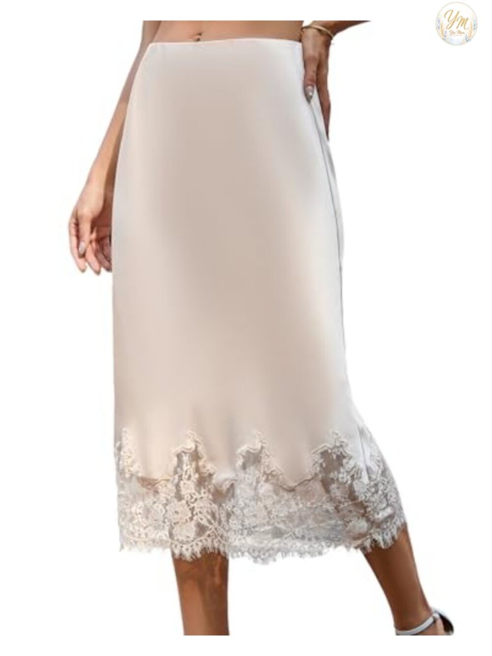 Satin Midi Skirt Elastic Waist Lace Trim A-Line High Rise